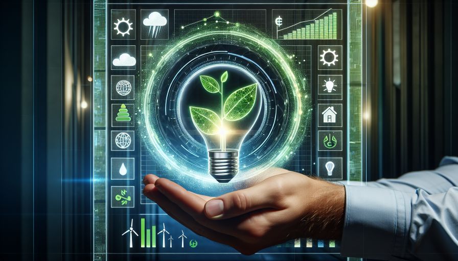 Hand hält eine Glühbirne mit einem Pflanzenmotiv, umgeben von digitalen Grafiken und Symbolen für Nachhaltigkeit.