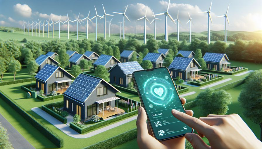 Heller Landschaftsaufschnitt mit mehreren Windrädern im Hintergrund, Reihen von Häusern mit Solarpaneelen, grünen Gärten und einer Smartphone-Nutzerschnittstelle in der Hand, die Herz-Icon zeigt