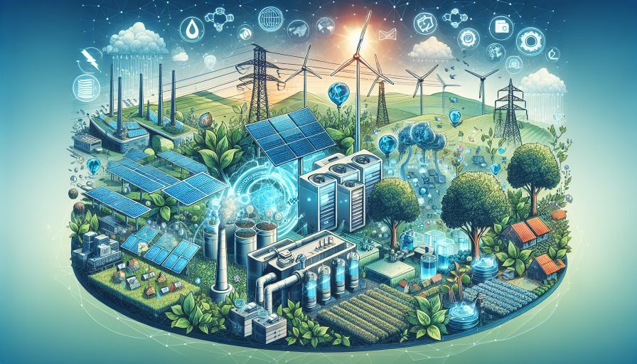 Blau-grüne Energielandschaft mit Solarpanels, Windrädern und digitalen Symbolen auf einer grünen Insel, umgeben von Wassertröpfchen